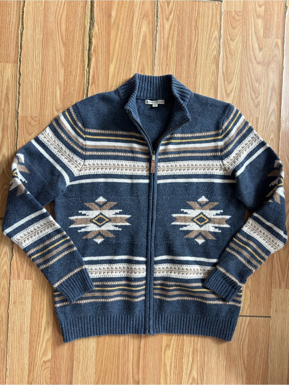 FRYE AND CO. Navy Zip-Up Sweater with Aztec Pattern